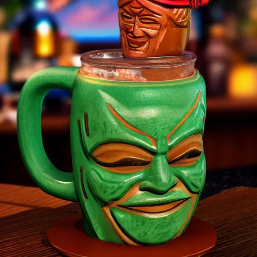 Prompt: a photorealistic photograph of a Trader Vic's tiki mug featuring Jane Seymour at a Tiki bar daybreak- Trending on Artstation, featured on Behance, well-rendered, Unreal Engine, 4K HD