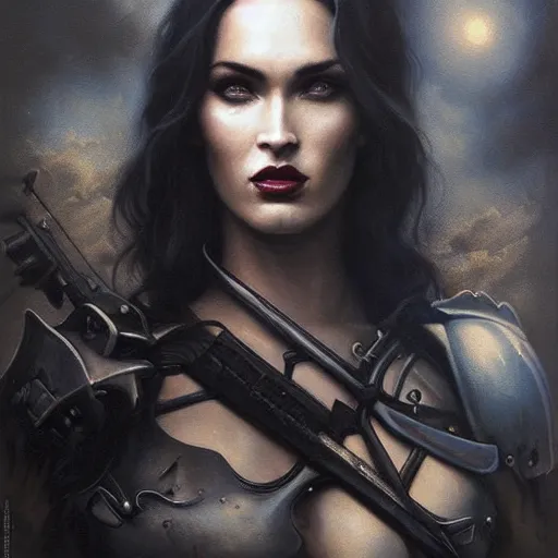 Prompt: By Tom Bagshaw and Boris Vallejo, ultra realist soft painting of a warzone by night, centered Gothic fully armored Megan Fox standing, horror, omnious sky, symmetry accurate features, very intricate details, black and white, volumetric light clouds