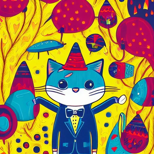 Prompt: colorful illustration of funny cat in the yellow tuxedo and red tie by jeremiah ketner and dan mumford