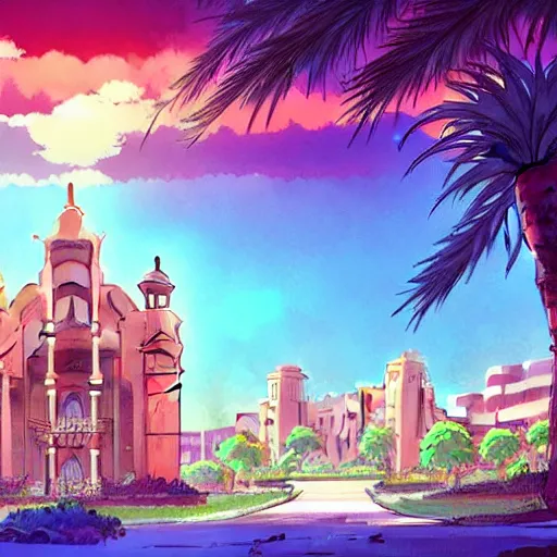 Prompt: a beautiful movie still in the style of studio ghibli anime with a landscape of the khedival opera house in talaat harb square cairo with lush landscaping, date palm trees, shrubs and flowers. trending on artstation