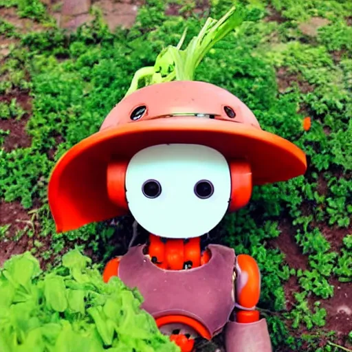 Prompt: cute robot made of plants with big tomato hat and a carrot sword, made in abyss style