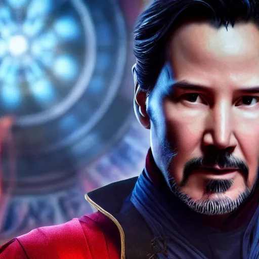 Image similar to Keanu Reeves as Dr. Strange, mcu, concept art, high definition photography, professional photography, 8k