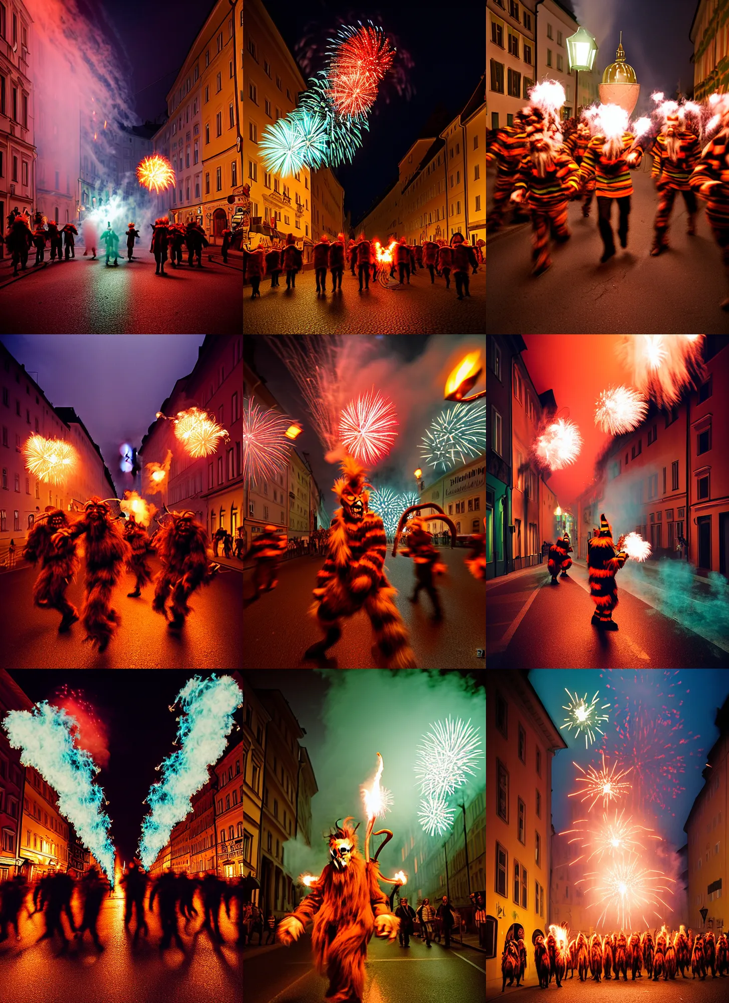 Image similar to kodak portra 4 0 0, award winning dynamic photograph of a bunch of hazardous krampus by robert capas, in muted colours, striped orange and teal, motion blur, on a street in salzburg at night with colourful pyro fireworks and torches