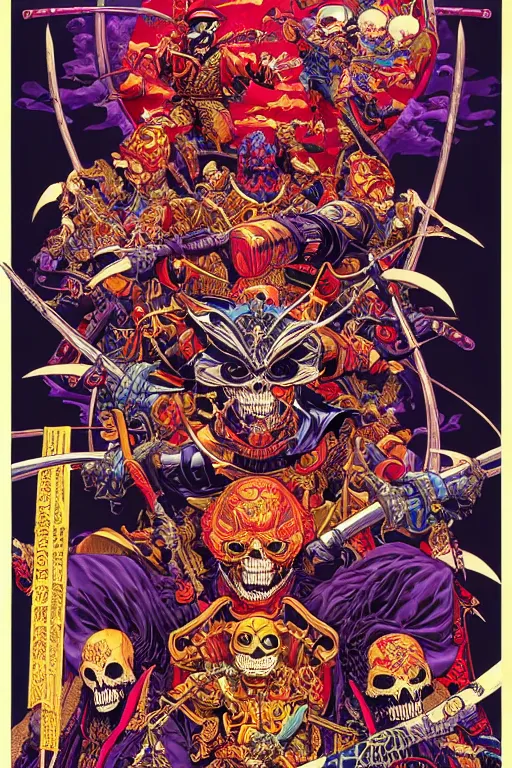 Prompt: poster of crazy skeletor samurai, by yoichi hatakenaka, masamune shirow, josan gonzales and dan mumford, ayami kojima, takato yamamoto, barclay shaw, karol bak, yukito kishiro