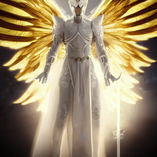 Prompt: Angel in white linen, golden armor, glowing sword in hand, translucent wings, concept character, beautiful, stunning, gold mist, radiating power, energy, god rays, luminescence, fractal, photography, unreal engine, 8k