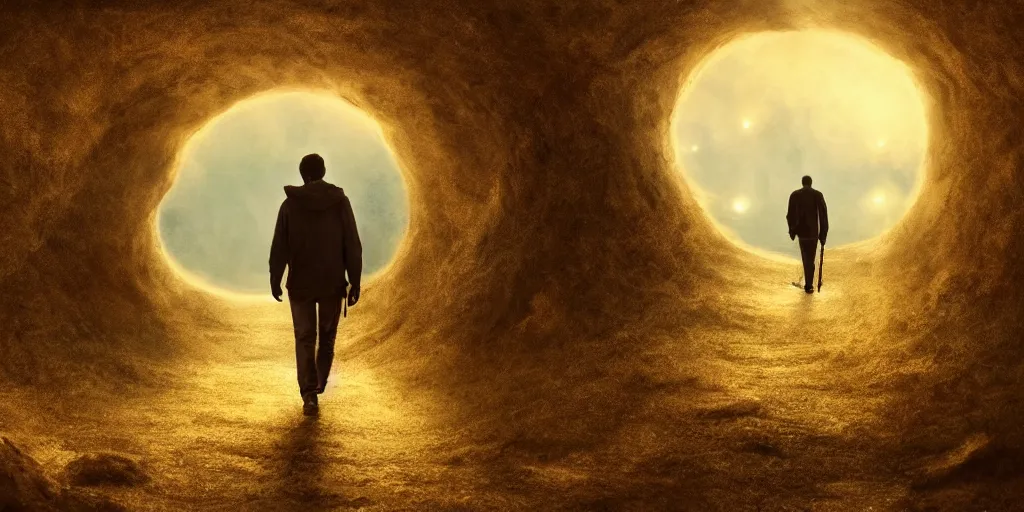 Image similar to a man walks infinite through day and night, fantasy, magical, volumetric lighting, epic composition, dramatic lighting, golden ratio