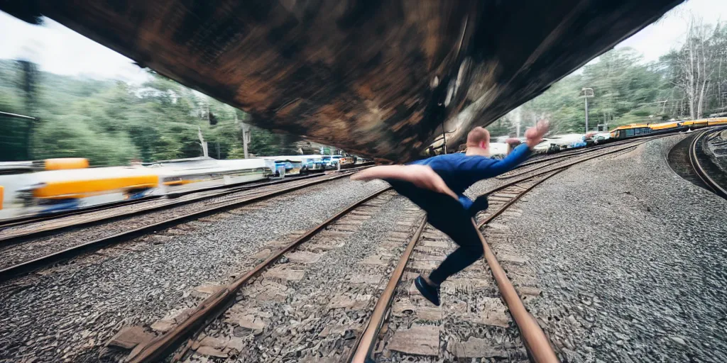 Image similar to a wide shot angle photography of a person jumping into a moving train