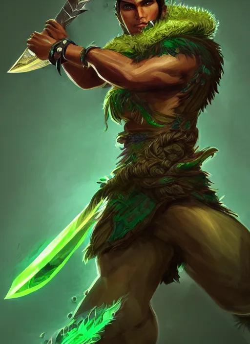 Image similar to a highly detailed illustration of fierce attractive young tanned short haired tribal latino boy wearing green wolf cape, heroic wielding sword pose, muscular, intricate, elegant, highly detailed, centered, digital painting, artstation, concept art, smooth, sharp focus, league of legends concept art, wlop