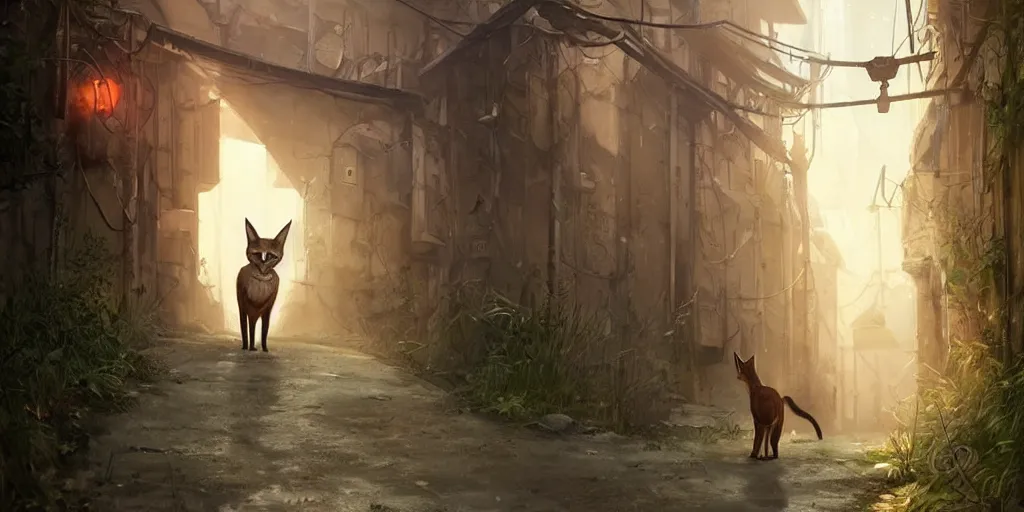 Image similar to a cute caracal in an abandoned alleyway, medium shot, waist up, studio Ghibli, Pixar and Disney animation, sharp, very detailed, high resolution, Rendered in Unreal Engine 5, anime key art by Greg Rutkowski, Bloom, dramatic lighting