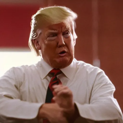 Image similar to still of donald trump as the karate kid, crane kick