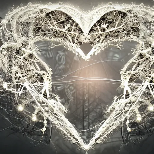 Image similar to biocomputer heart in intricate intertwined with white biocomputer flowers, biomechanical flowers, intricate environment, matte painting, diffused lighting, highly detailed cinematic, epic composition, highly detailed, atmospheric, wide angle, artstation trending