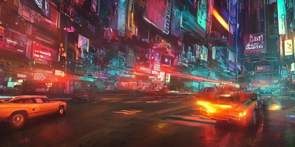 Image similar to a 3 d rendered in unreal engine guatemalan cyberpunk city with neon ads and signs with evocative dramatic mood with blade runner vibe with cars with motion blur with depth of field with bloom with lightshaft with volumetric lights, fog, by scott robertson, oscar winning graphics, photo realistic, bloom, imax, dynamic lighting, artstation,