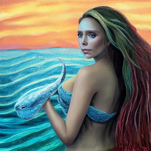 Image similar to elizabeth olsen as a mermaid, painting