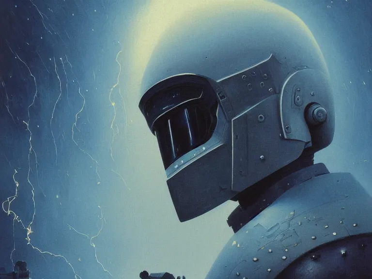 Image similar to a detailed profile portrait painting of a bounty hunter in combat armour and visor gazing into the sky. Smoke. cinematic sci-fi poster. Cloth and metal, samurai Flight suit, accurate anatomy portrait symmetrical and science fiction theme with lightning, aurora lighting clouds and stars. Clean and minimal design by beksinski carl spitzweg moebius and tuomas korpi. baroque elements. baroque element. intricate artwork by caravaggio. Oil painting. Trending on artstation. 8k