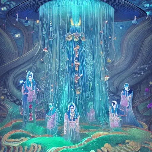 Image similar to A painting of priestesses worshipping at the jellyfish temple, shrouded in mist, jellyfish god, jellyfish priestess, jellyfish shrine maiden, 8K, illustration, art by Kyuyong Eom and Rui Li and Seunghee Lee and xi zhang, smoke, undersea temple with fish, cinematic, insanely detailed and intricate, hypermaximalist, elegant, super detailed, award-winning, fuschia and vermillion and cyan, rainbow accents, mysterious, ancient, ritual, trending in cgsociety, artstation HQ, ornate, elite, haunting, matte painting, beautiful detailed, insanely intricate details, dreamy and ethereal, otherworldly