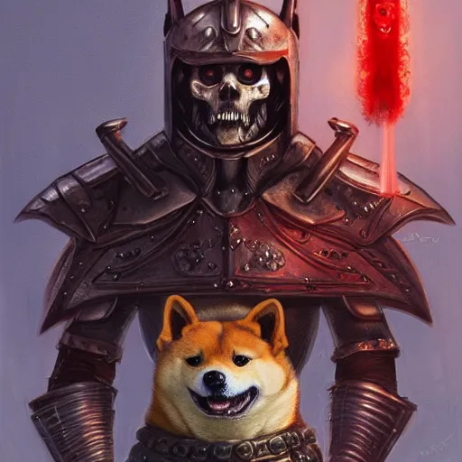 Image similar to angry anthropomorphic shiba inu, wearing berserk anime skull knight armor and sword, blood aura red light, fantasy, dark, portrait art by donato giancola and greg rutkowski, realistic face, digital art, trending on artstation, symmetry