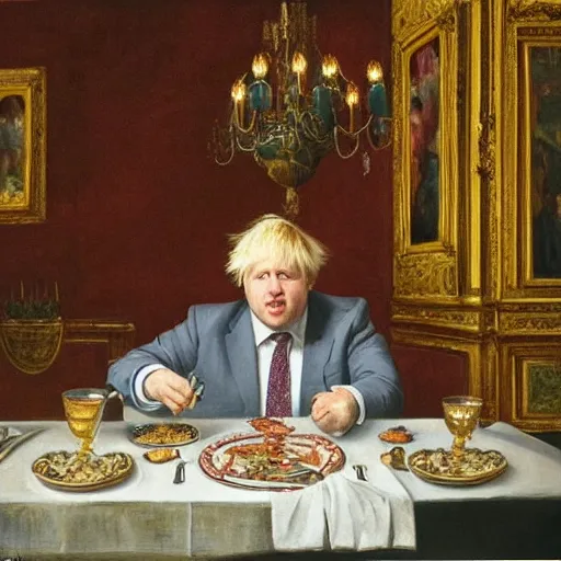 Image similar to painting of boris johnson eating a plate of money pound notes with a knife and fork, ornate feeling, chandelier, royal palace interior