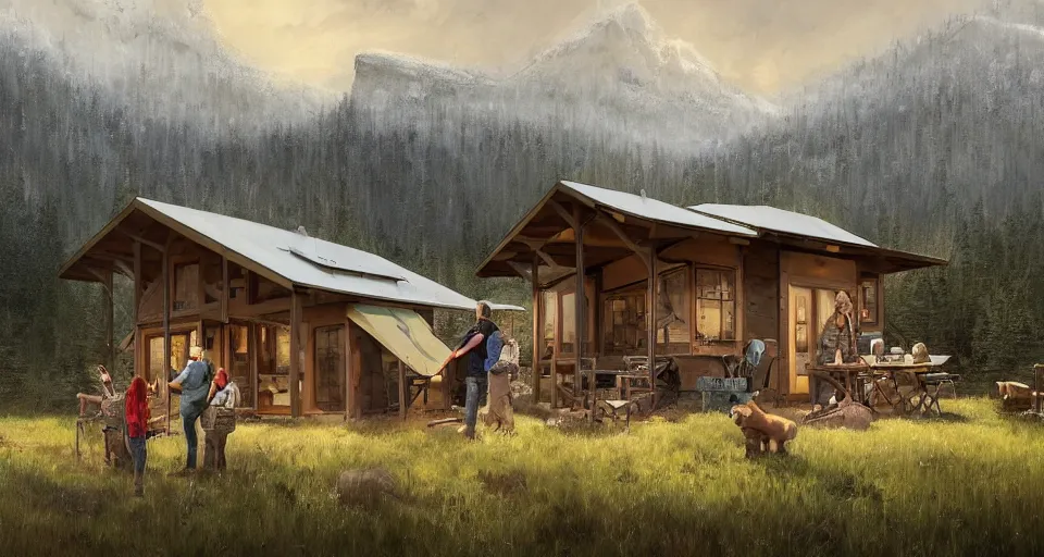 Image similar to cabela's beautiful comfortable modular pop - up insulated all terrain family dwelling, cabin,, person in foreground, mountainous forested wilderness open fields, beautiful views, painterly concept art, joanna gaines, environmental concept art, farmhouse, magnolia, concept art illustration, by james gurney, by craig mullins, by greg rutkowski trending on artstation