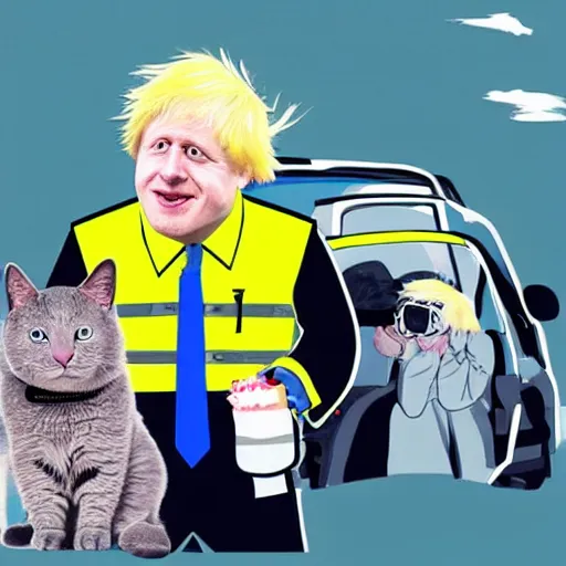 Prompt: boris johnson cartoonized wearing a hi - viz jacket. hyperrealistic. he is wearing a hi - viz jacket. he has a cat on his head.