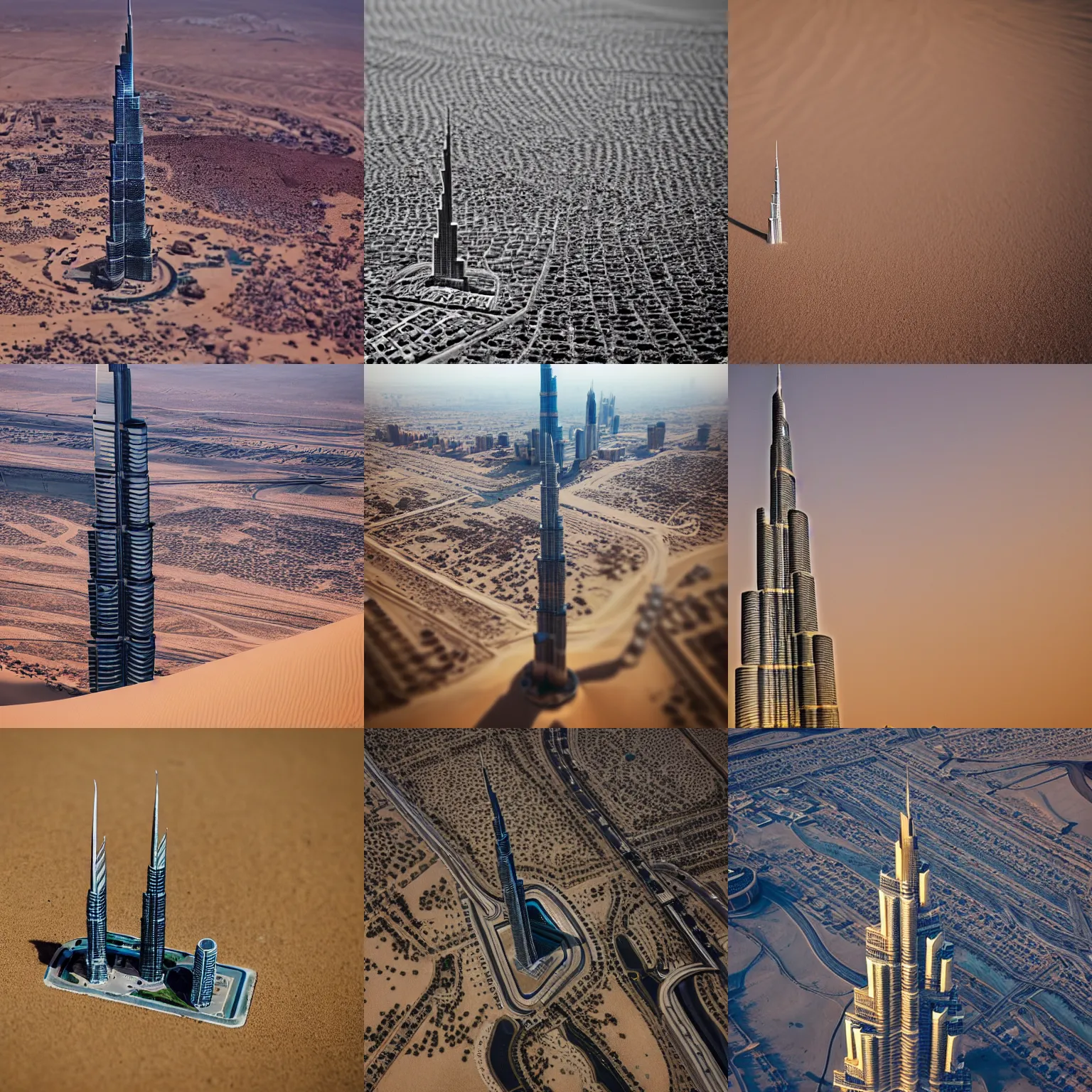 Prompt: Tiny burj khalifa in the desert, macro photography