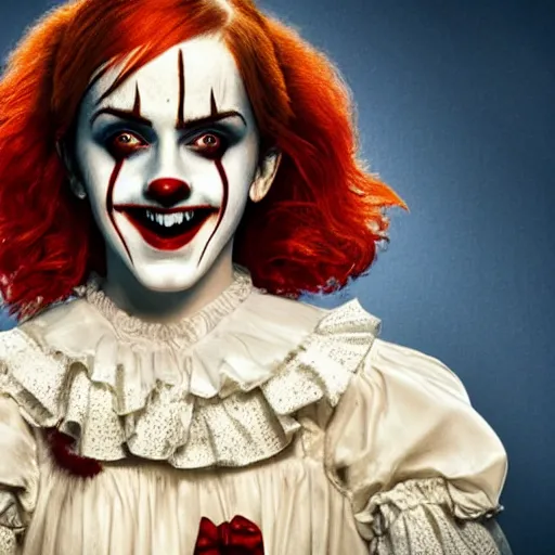 Image similar to Emma watson starring as scary clown from it