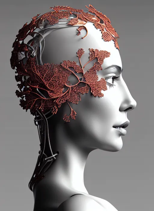 Prompt: complex 3d render ultra detailed of a beautiful porcelain profile young woman face, mechanical cyborg, 150 mm, beautiful studio spotlight, rim light, silver gold red details, fine foliage lace, magnolia big leaves and stems, roots, mesh wire, Alexander Mcqueen haute couture, luxurious, high fashion, mandelbrot fractal, filigran intricate details, hyper realistic, anatomical, facial muscles, cable wires, microchip, elegant, octane render, H.R. Giger style, 8k