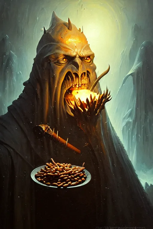 Image similar to hieronymus bosch, greg rutkowski, anna podedworna, painting of arthas menethil the lich king eating baked beans