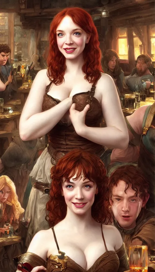 Prompt: young christina hendricks in a tavern, energetic, laughing, fit, warhammer, lord of the rings, sweaty, strong, intricate, highly detailed, digital painting, artstation, concept art, smooth, sharp focus, illustration, unreal engine 5, 8 k, art by artgerm and greg rutkowski and alphonse mucha