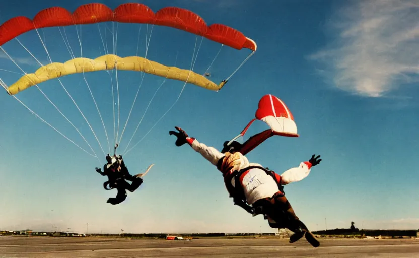 Image similar to color photo. closeup of a skydiver jumping. white plane in the background 8 0'style