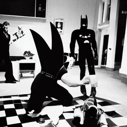 Image similar to maxwell smart wrestling batman in the cone of silence. dark room red gloves. icecream on the floor. from stanley kubrick movie