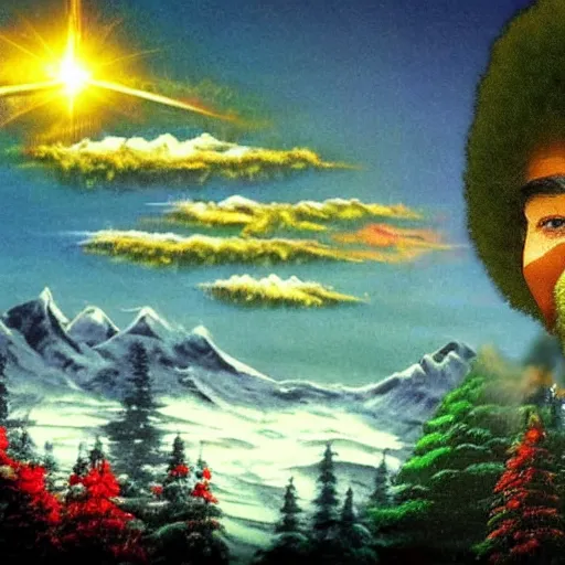 Image similar to Bob Ross Scenery with Robot Alien Snowmen Shooting Laser Beams at Things in the sky. Epic Amazing Insanity. Salvia Droid Joker .