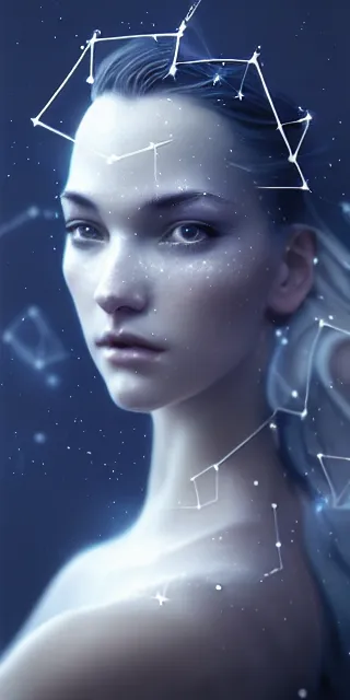 Image similar to constellation by charlie bowater and anna dittmann and artgerm and clemens ascher, intricate, elegant, blue and black and white mist, highly detailed, dramatic lighting, sharp focus, octane render, trending on artstation, artstationhd, artstationhq, unreal engine, 4 k, 8 k