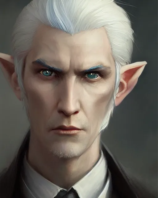 Image similar to character portrait of a slender half - elven man with white hair and blue eyes, by greg rutkowski, mark brookes, jim burns, tom bagshaw, trending on artstation