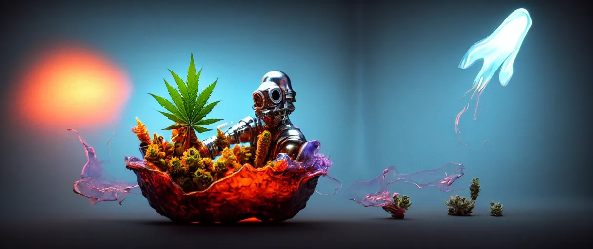 Image similar to hyperrealist highly detailed english medieval portrait of bong ashtray bic lighter small pack of weed marijuana baggy. burning water, radiating atomic neon corals, veiny network growth with ghostly ghost translucent ghost armor, concept art pascal blanche dramatic studio lighting 8k wide angle shallow depth of field, depth of field, bokeh. iridescent accents, octane render, houdini render, bokeh