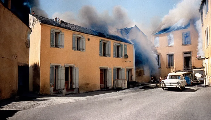 Image similar to 1 9 6 0 s movie still of a burning french style townhouse in a small french village, cinestill 8 0 0 t 3 5 mm technicolor, high quality, heavy grain, high detail, dramatic light, ultra wide lens, panoramic, anamorphic, flares