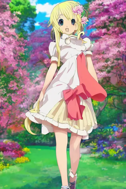 Image similar to a very cute art of a smiling blonde anime girl idol wearing a colorful dress walking at the garden, in the style of anime, near a stone gate