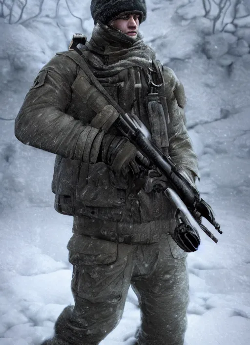 Prompt: the Cold War soldier, snow, ultra realist and ultra intricate detailed, sensual gloomy style, volumetric lighting, artstation, unreal render, depth of field