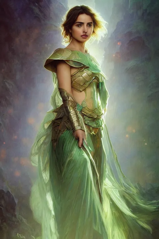 Image similar to Ana de Armas wearing iridescent green opal armor, fantasy, intricate, cinematic lighting, highly detailed, beautiful, digital painting, artstation, masterpiece, concept art, smooth, sharp focus, illustration, art by Artgerm and Greg Rutkowski and Alphonse Mucha and william-Adolphe Bouguereau