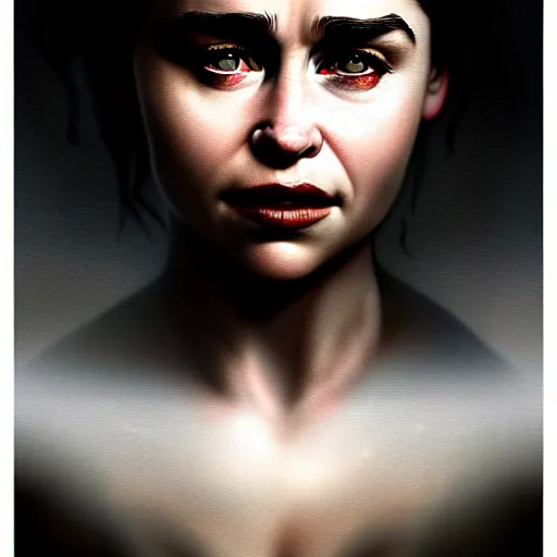 Image similar to emilia clarke dark film nior, character headshot portrait, sharp, digital matte painting, art by luis royo, greg rutkowski, wlop, dramatic lighting, trending on artstation