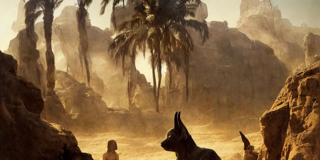 Image similar to beautiful landscape oil matte painting, of ancient egyptian giant satue of anubis, art by anders zorn, wonderful masterpiece by greg rutkowski, beautiful cinematic light, american romanticism, by thomas lawrence, greg rutkowski