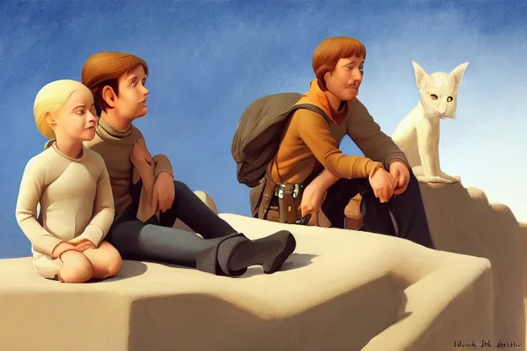 Prompt: beautiful painting of friends, beautiful faces, sitting on the edge, cute, soft light, digital painting by ralph mcquarrie and rolf amrstrong