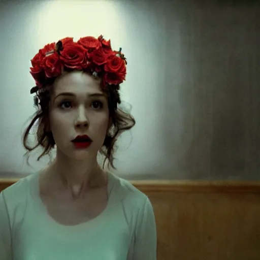 Image similar to movie still of the girl with the flowers head, cinematic composition, cinematic light, by edgar wright and david lynch