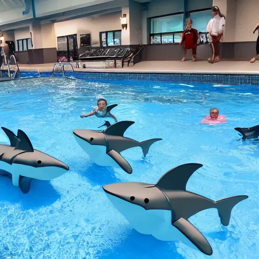 Prompt: full size mechanical sharks in a pool with children