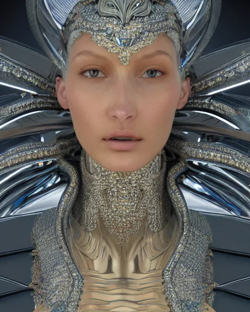 Image similar to a highly detailed metahuman 4 k close up render of an alien goddess bella hadid monument in iris van herpen armor schiaparelli in diamonds crystals swarovski and jewelry iridescent in style of alphonse mucha gustav klimt trending on artstation made in unreal engine 4