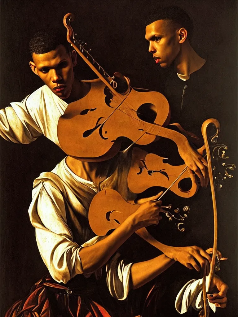 Image similar to a masterpiece portrait of stromae as a bard with a mandolin by caravaggio, epic composition, epic light, exquisite details, dark mood,