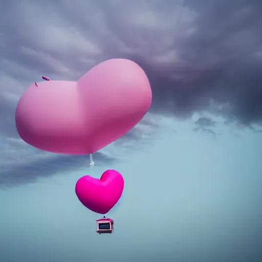 Image similar to a 5 0 mm lens photograph of a cute pink floating modern house, floating in the air between clouds, inspired by the movie up, held up from above by a heart - shaped ballon. mist, playful composition canon, nikon, award winning, photo of the year