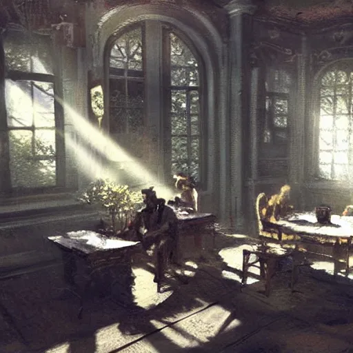 Prompt: the illumatis all sitting at a table, serious, eerie, a single sunbeam coming from the roof, dust illuminated by the sunbeam, serious, lush, vintage decor, craig mullins