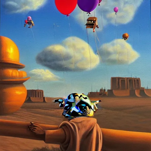 Image similar to eye - level view, shot from 5 0 feet distance, baby yoda plays is on a seesaw fund city playground on tatooine. a bunch of balloons are on sale in the background. depth, dramatic clouds, setting sun. golden hour, oil on canvas painting, detailed, depth, volume, chiaroscuro, quiet intensity, serene.