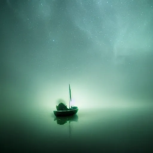 Prompt: sailing into the unexplored mist, cinematic fantasy photography, magical, bioluminescence