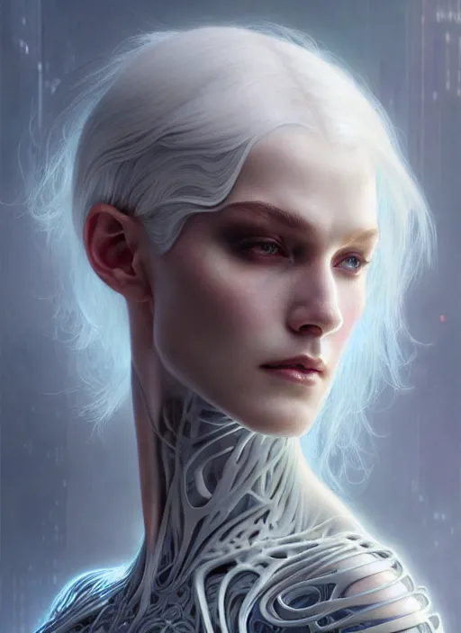 Image similar to organic cyborg, white hair, diffuse lighting, fantasy, intricate, elegant, highly detailed, lifelike, photorealistic, digital painting, artstation, illustration, concept art, smooth, sharp focus, art by John Collier and Albert Aublet and Krenz Cushart and Artem Demura and Alphonse Mucha